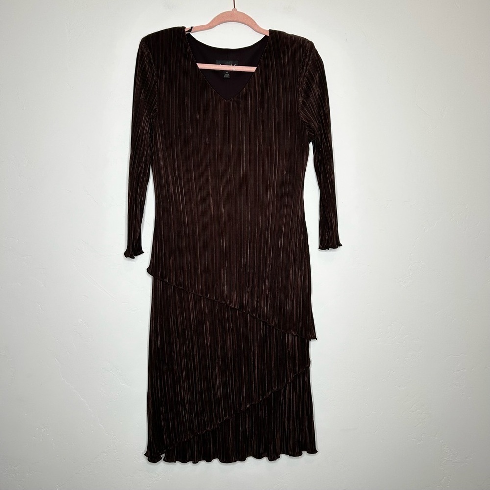 Connected Apparel Chocolate Brown 3/4 Sleeve Micro Pleat Midi Dress Size 12 Fall